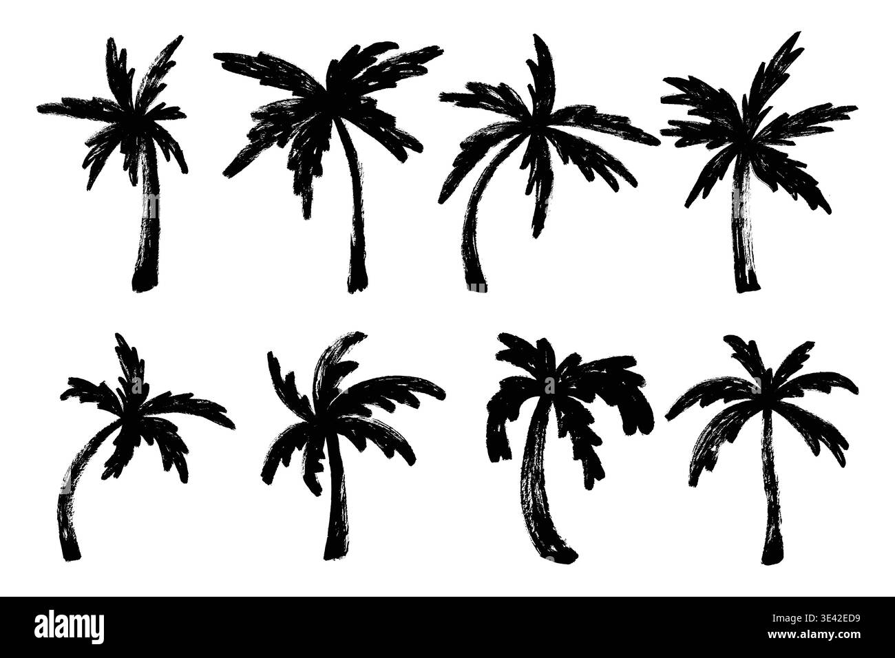 Set di icone Pennello grunge alberi di palma. Silhouette di alberi di cocco con inchiostro da scarabocchiare. Alberi tropicali diversi, pennello disegnato a mano, inchiostro secco dipinto, creativo Illustrazione Vettoriale