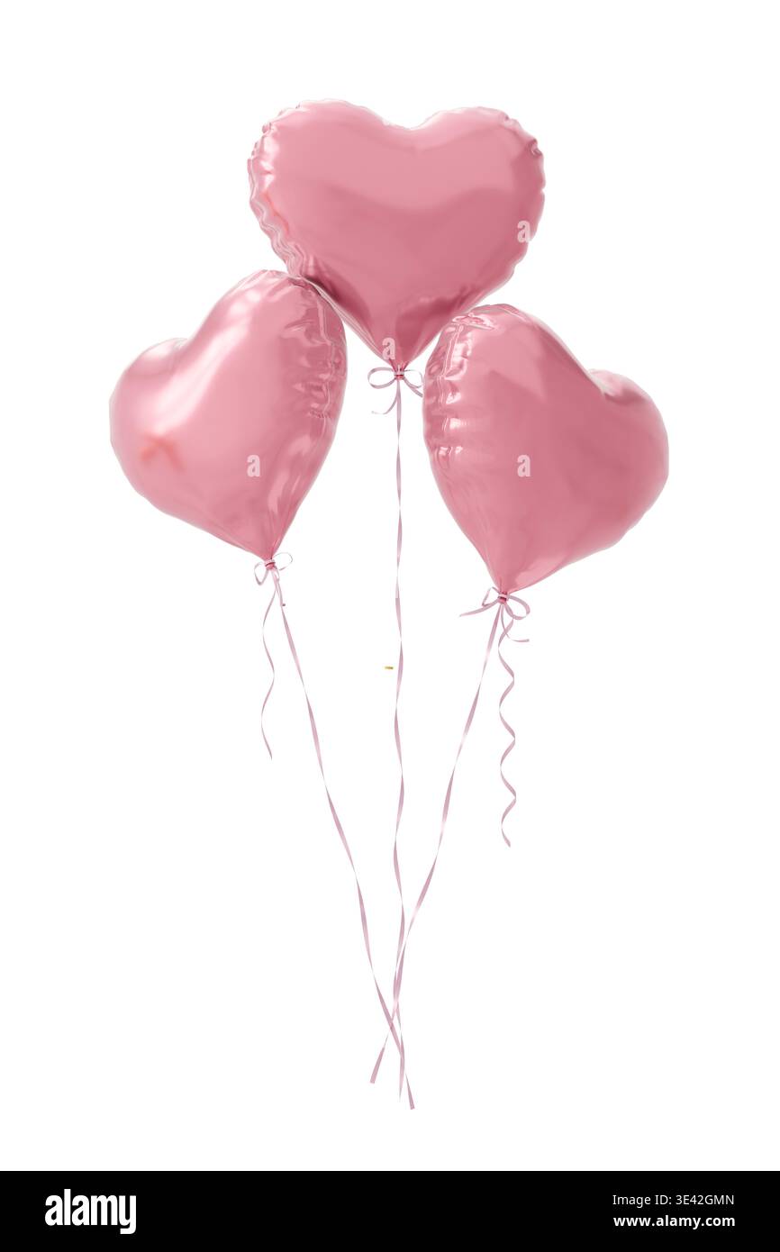 Tre palloncini a forma di cuore rosa lucido con nastri rosa lucidi su sfondo isolato. rendering 3d. Foto Stock