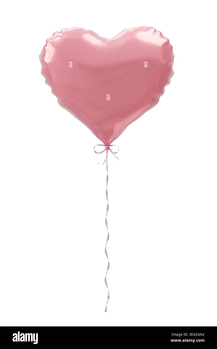 Palloncino a forma di cuore lucido con nastro rosa lucido su sfondo isolato. rendering 3d. Foto Stock