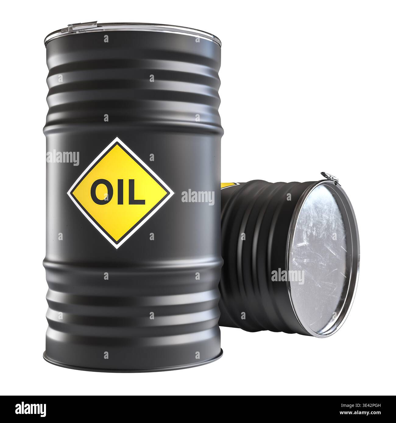 Fusti a olio neri con etichetta 3d Isolated Foto Stock