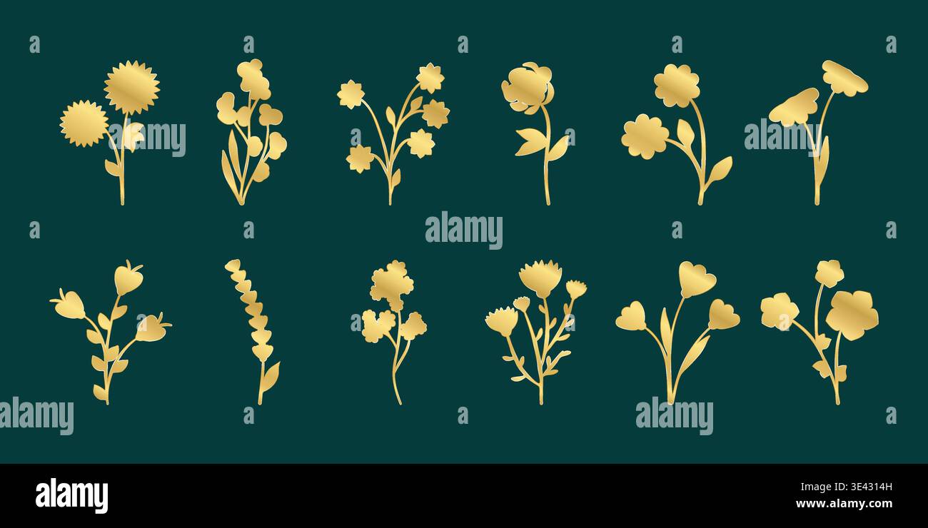 Dieci distinti elementi floreali dorati sono disposti su uno sfondo profondo color verde acqua. Illustrazione Vettoriale