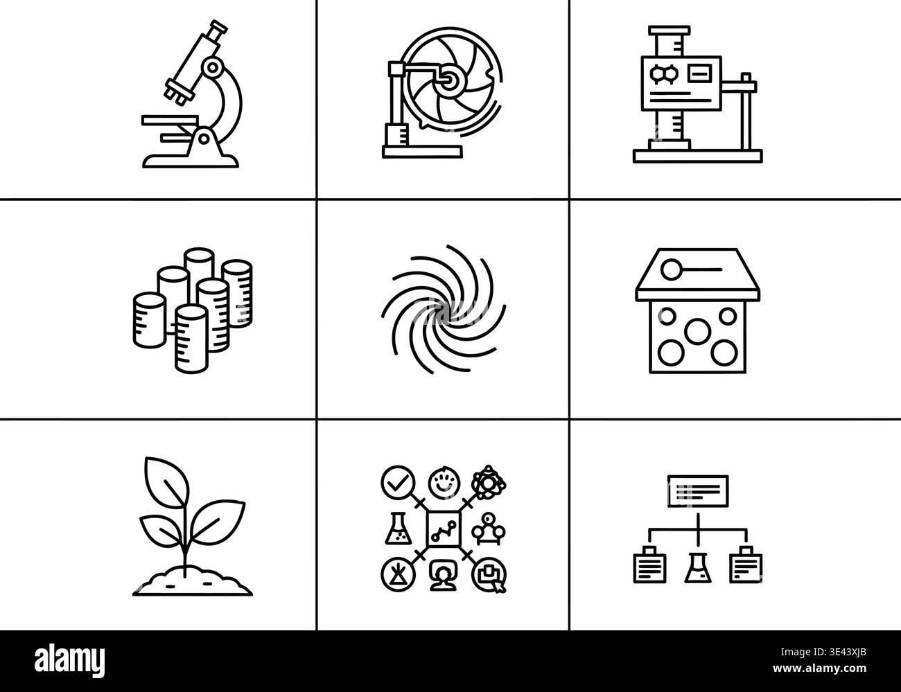 Una collezione di icone in bianco e nero per la scienza e il business Illustrazione Vettoriale