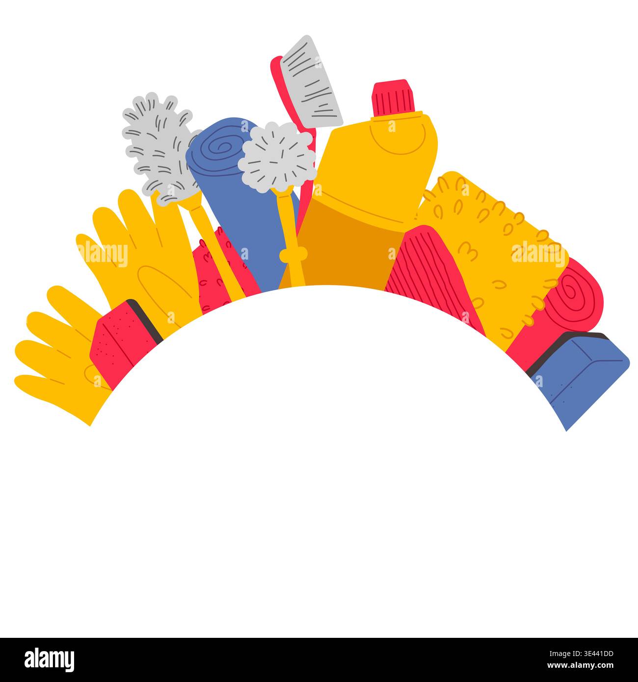 Pulizia del bagno: Prodotti e spazzole per la pulizia della toilette, guanti, spugne, salviette. Pulizia e ordine in bagno. Illustrazione Vettoriale