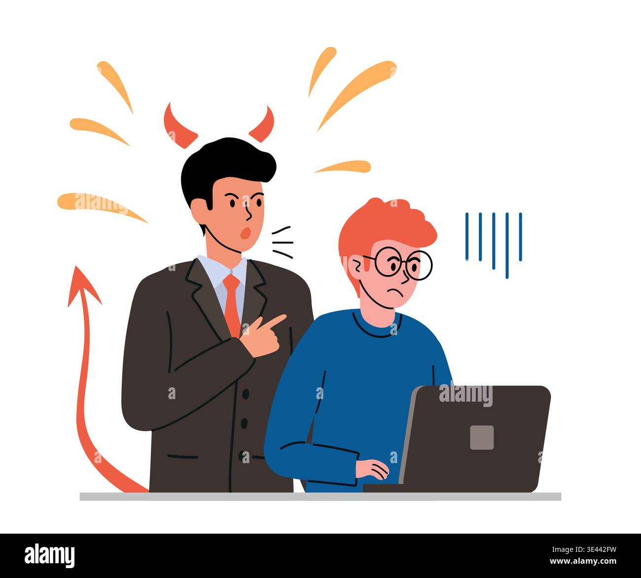 Boss aggressivo con corna diaboliche e coda grida aggressivamente al subordinato che lavora su un notebook. Illustrazione vettoriale in stile piatto Illustrazione Vettoriale