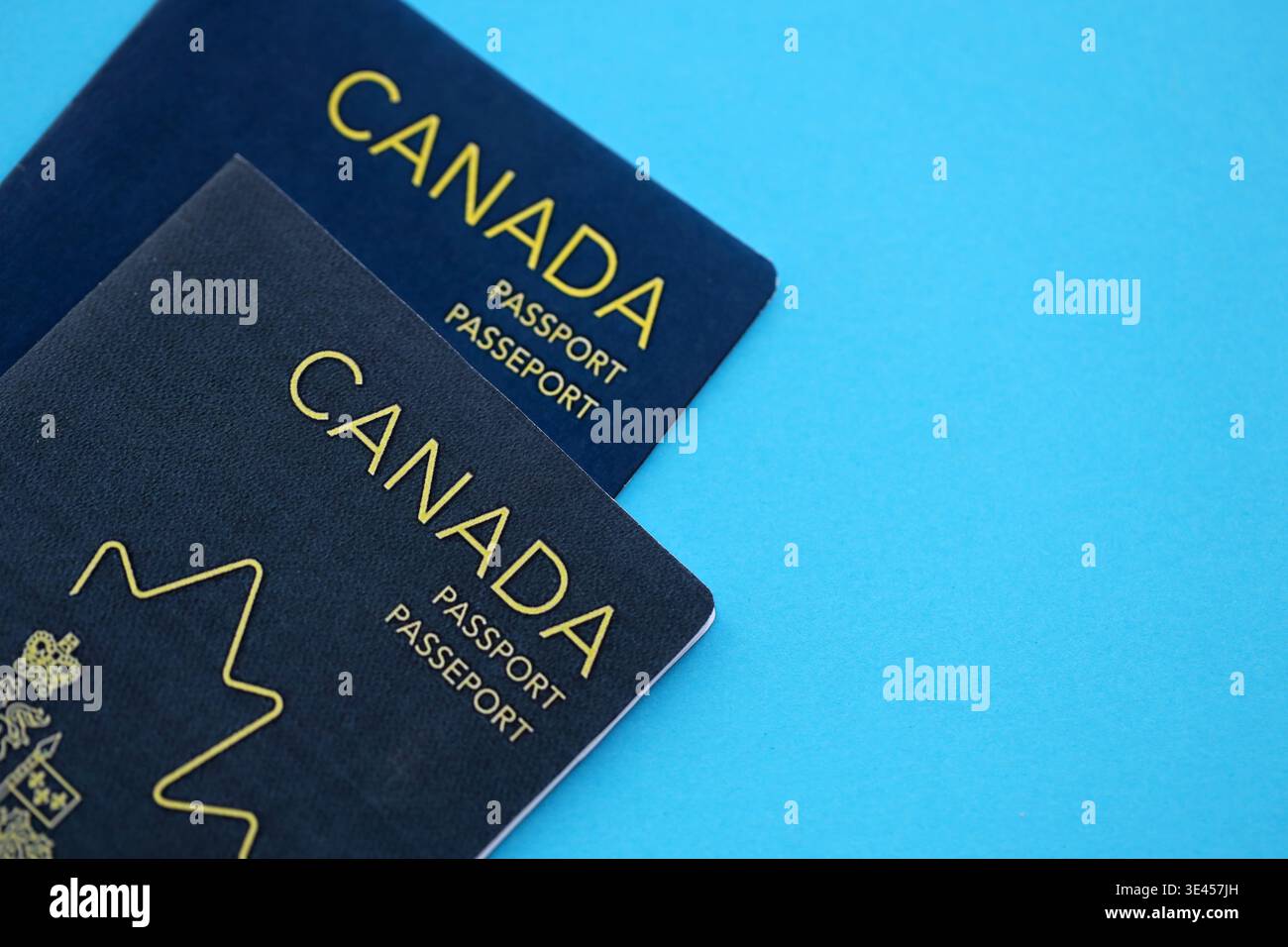 Passaporti canadesi sul tavolo da vicino. Libri di documenti di identificazione ufficiali per i cittadini del Canada. Concetto di viaggio e turismo Foto Stock