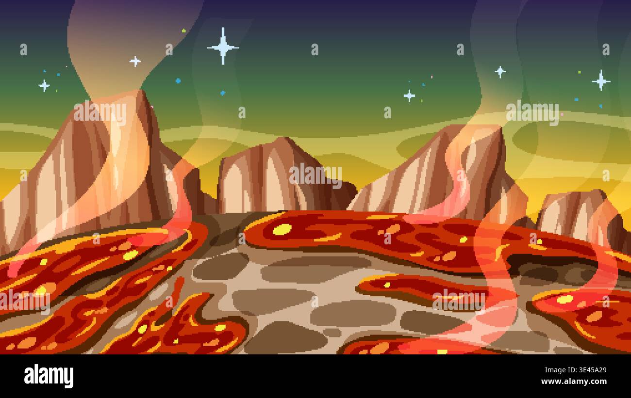 Illustrazione vettoriale di un ambiente vulcanico preistorico con lava scintillante, montagne rocciose e vapore Illustrazione Vettoriale