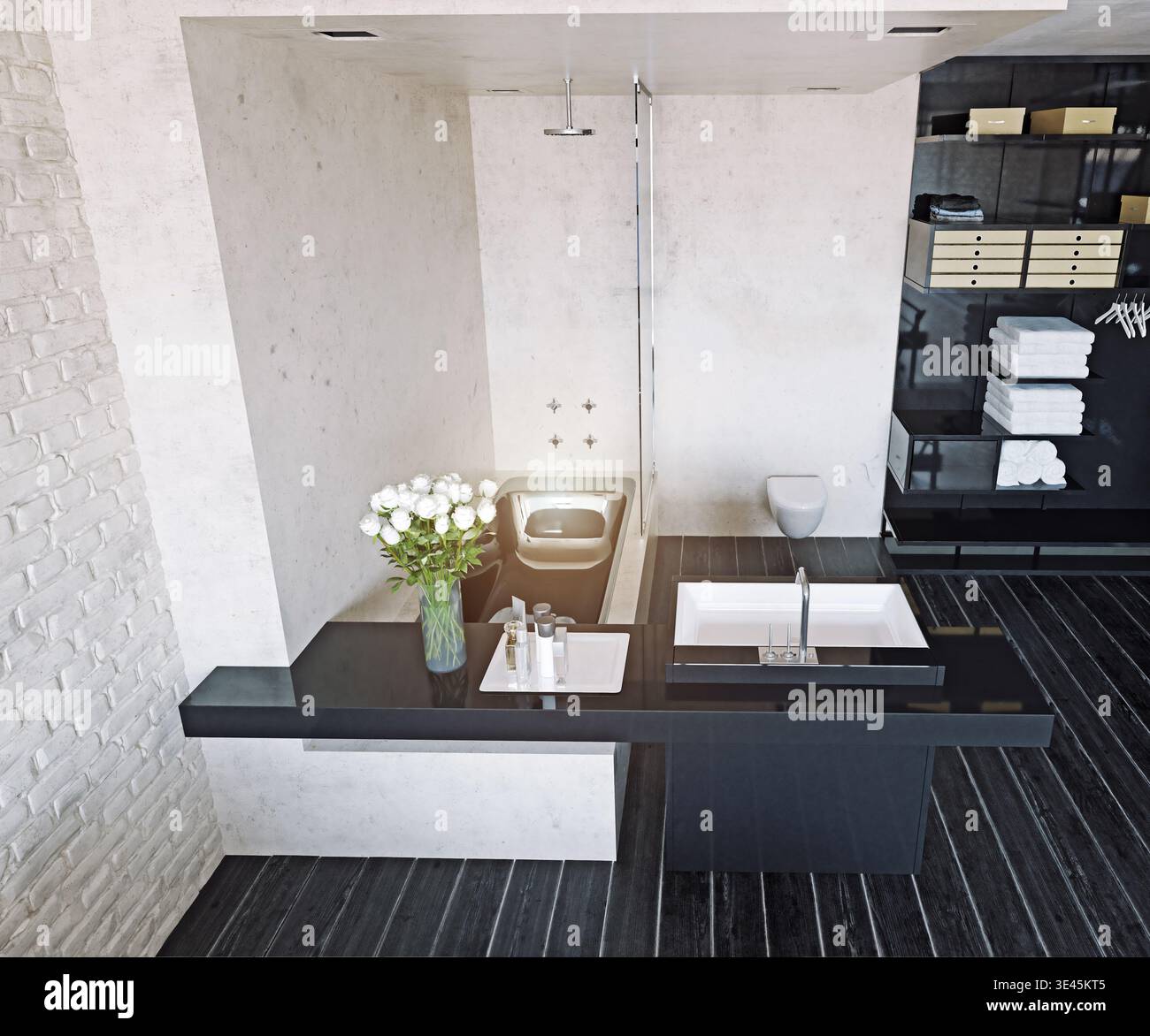 Rendering in 3D di un moderno interno minimalista del bagno con lavandino nero, lavello bianco, vasca, doccia in vetro, rose bianche, e pavimento in legno scuro. Foto Stock