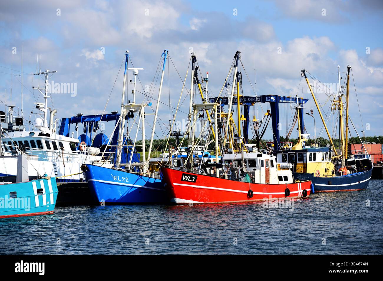 Barche da pesca colorate ormeggiate. Porto di Lauwersoog, Olanda, Europa Foto Stock