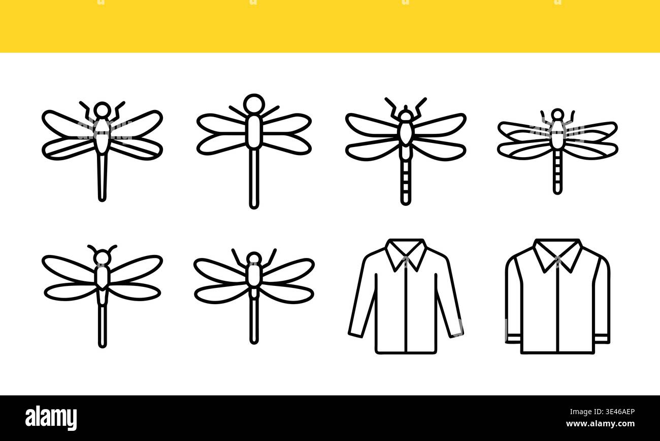 Collezione di icone Dragonfly e camicia con colletto con variazioni minime del profilo. Illustrazione Vettoriale