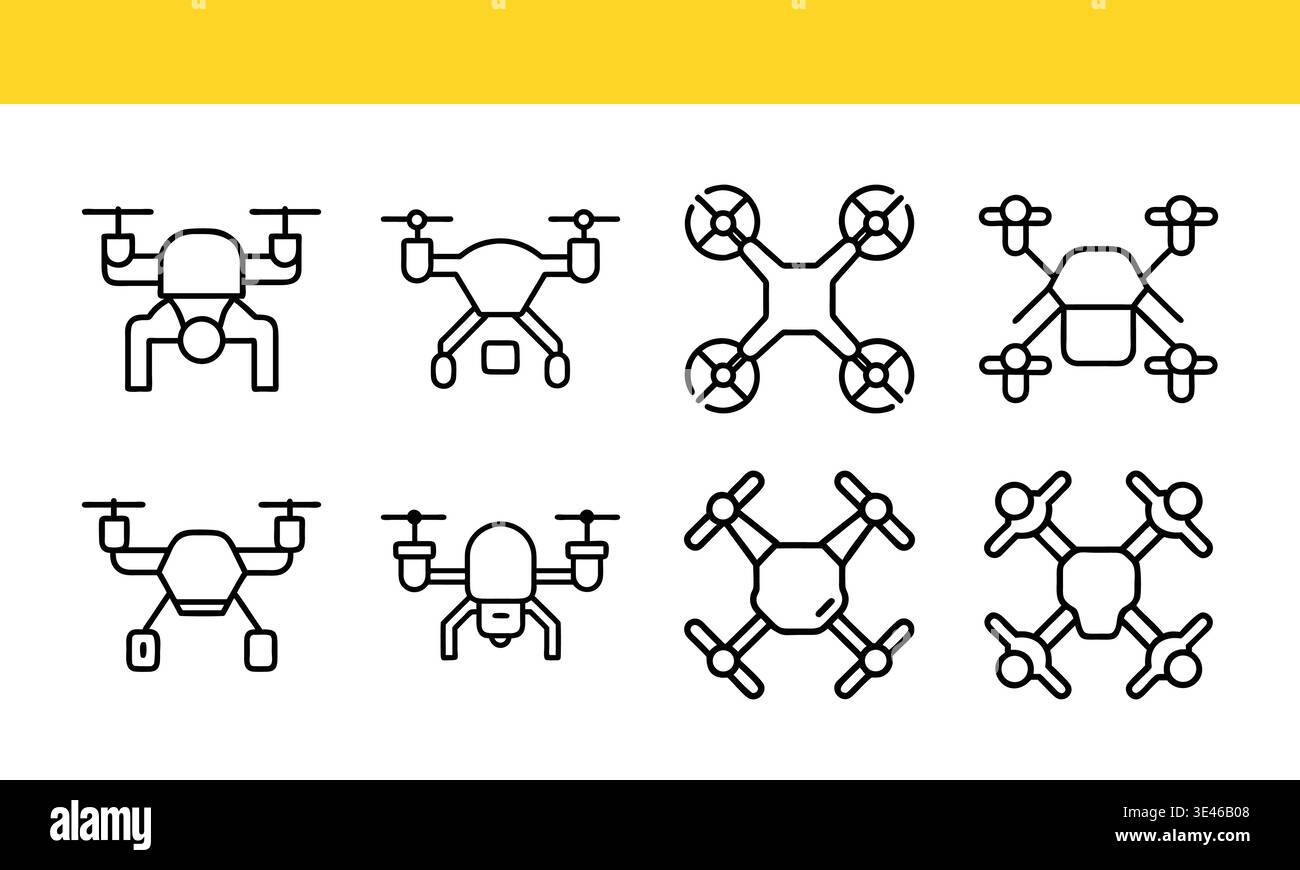 Collezione di icone della linea di droni Quadcopter con concetti di tecnologia aerea moderna Illustrazione Vettoriale