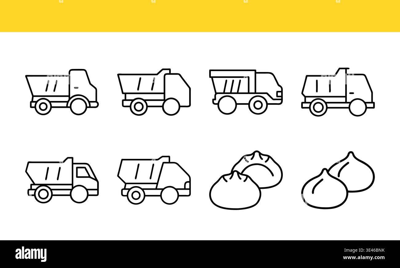Dumper e icone di scarico in bianco e nero su sfondo giallo. Illustrazione Vettoriale
