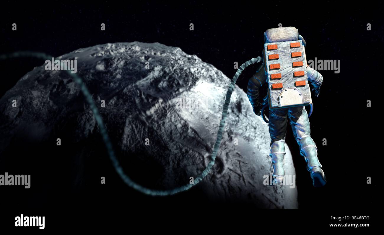 Astronauta che indossa una tuta speciale contro il corpo celeste nello spazio Foto Stock