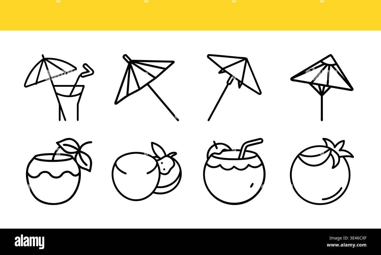 Set di icone di bevande tropicali e frutta, cocktail e bevande Outline Vector Collection Illustrazione Vettoriale