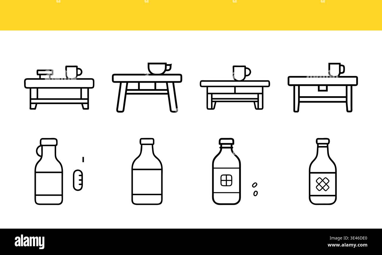 Tavolo con set di icone della linea di bicchieri e bottiglie, collezione vettoriale di arredi e bevande Illustrazione Vettoriale