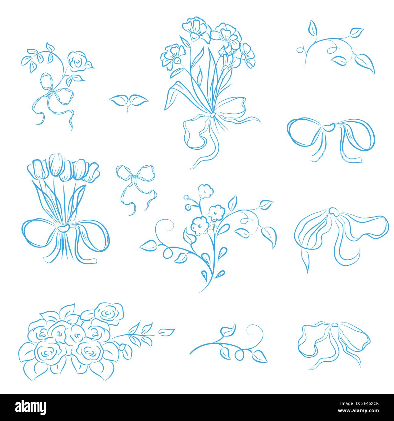 Fiori e rami, arte in linea, disegnati a mano. Illustrazione vettoriale. Raccolta di piante primaverili con petali e foglie, mazzi e fiori, isolati su Illustrazione Vettoriale