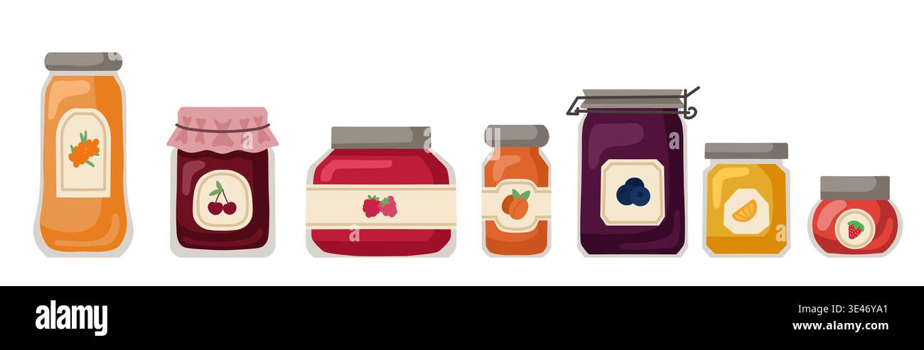 Set vettoriale di varie marmellate di bacche. Collezione di clip art di vasetti con sciroppo dolce in stile piatto per ricette, menu e cartoline. Illustrazione Vettoriale