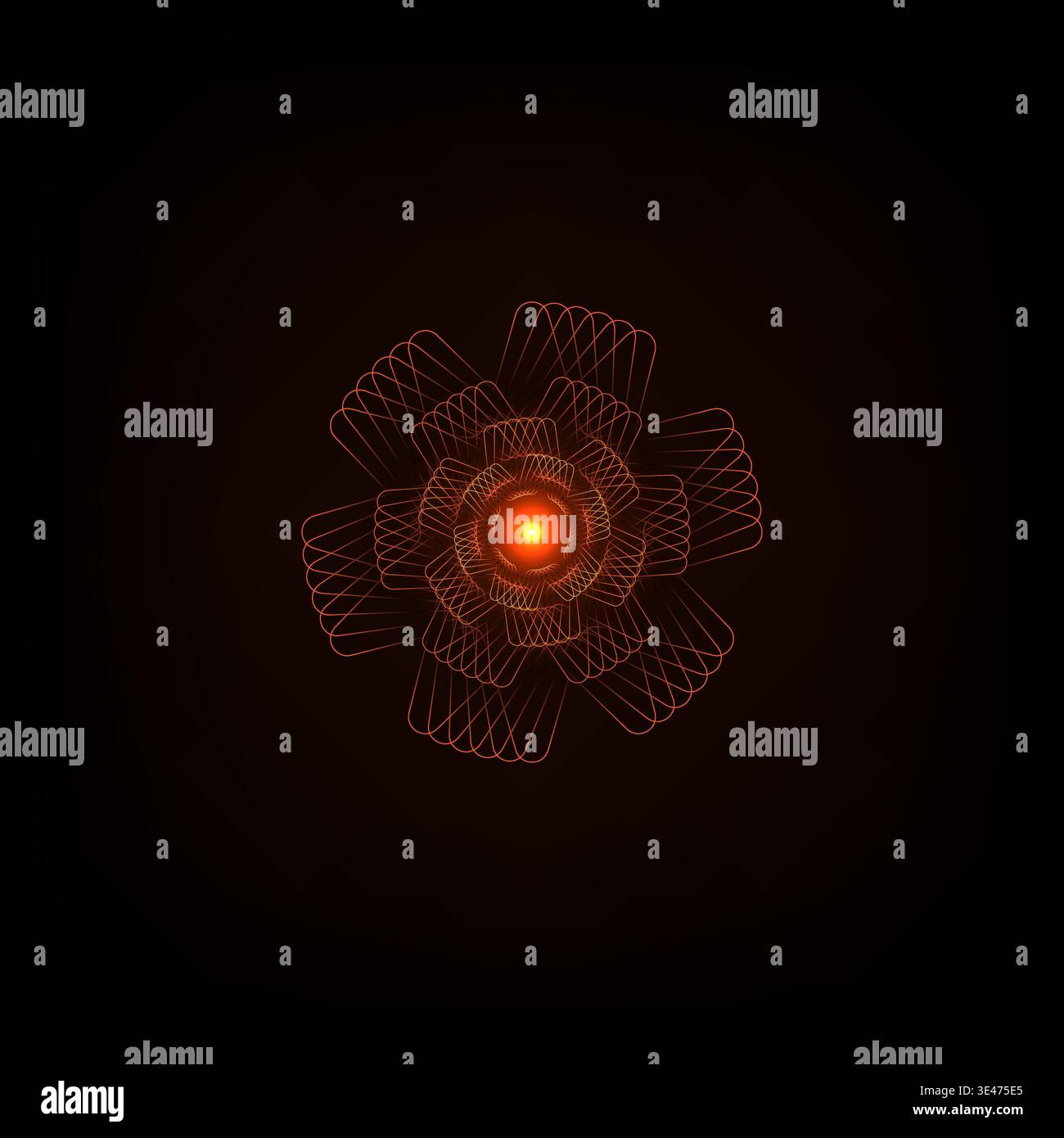 Un fiore digitale simmetrico e futuristico realizzato con linee arancioni brillanti con un centro luminoso su uno sfondo scuro Illustrazione Vettoriale