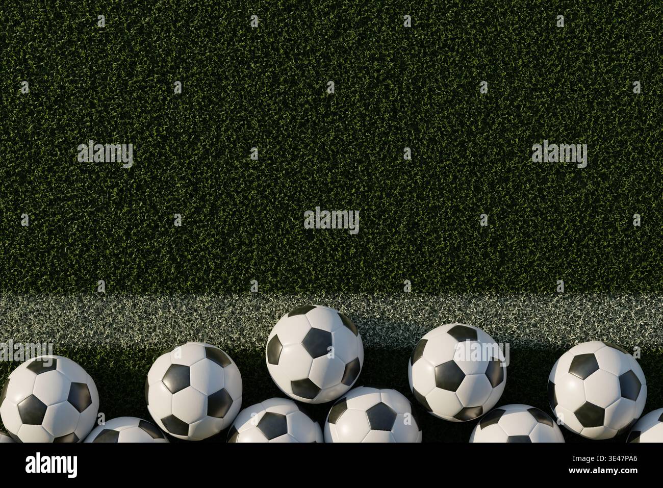 Palle da calcio disposte su erba, vista dall'alto. Sfondo sportivo minimalista con motivo geometrico e spazio di copia per il design Foto Stock
