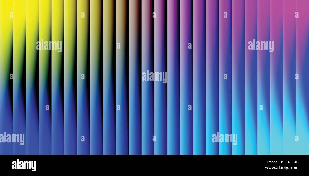 Le linee di gradiente verticali distorte creano un effetto d'onda dinamico con colori saturi di giallo blu e magenta. Illustrazione Vettoriale