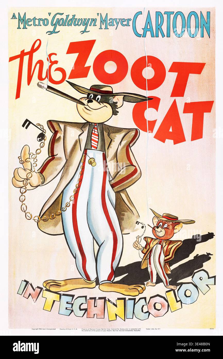 Questo poster vintage del 1944 pubblicizza il cortometraggio animato della Metro-Goldwyn-Mayer "The Zoot Cat", con Tom e Jerry. Esso raffigura un grande Tom in abito zoot, che tiene un portacandele e una catena di chiavi, con un Jerry più piccolo accanto a lui, anch'esso vestito con un costume zoot. Foto Stock