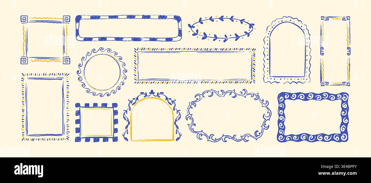 Set di telai per pastelli disegnati a mano dal mediterraneo. Italia, Amalfy, Positano la Dolce vita. Schema chiave greco, motivo Poseidone delle onde marine, mosaico Illustrazione Vettoriale