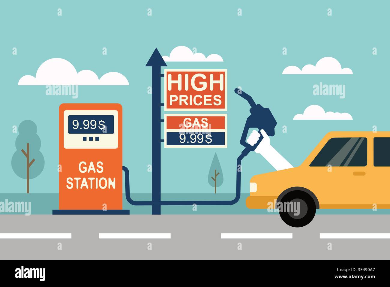 Un'illustrazione dal design piatto che mostra un'auto che effettua il rifornimento presso una stazione di servizio sotto un cartello con la scritta "prezzi elevati", evidenziando l'aumento dei costi del carburante, c Foto Stock
