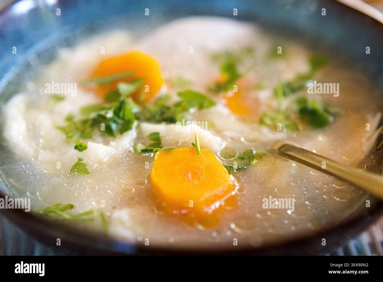 Brodo con gnocchi, carote e prezzemolo in un recipiente decorativo. Foto Stock