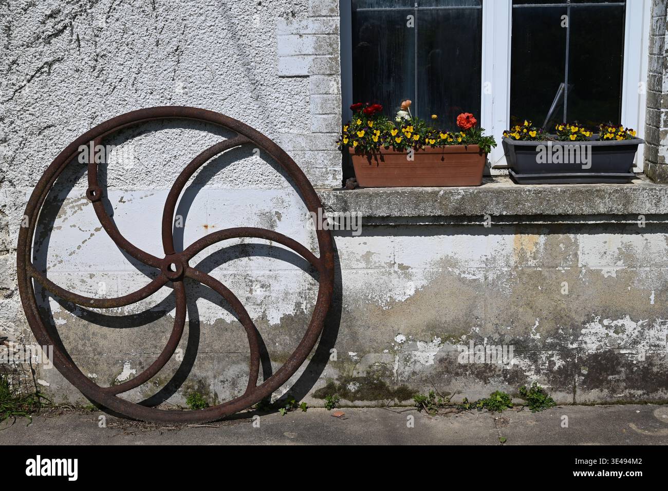 Vecchia ruota di ferro di una pressa per mele appoggiata su un muro Foto Stock