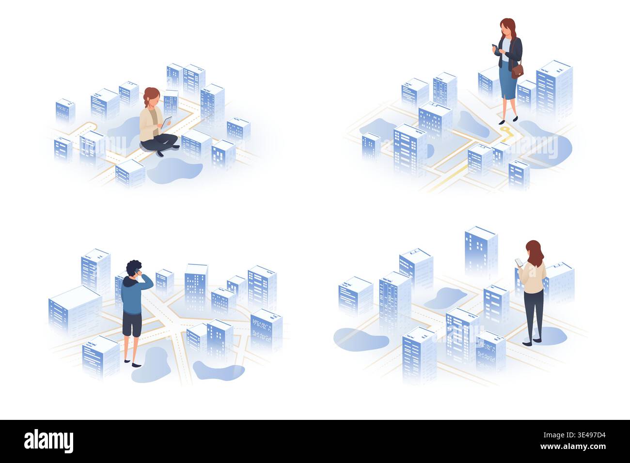 Persone che utilizzano app di navigazione mobile in ambiente urbano isometrico con edifici e strade. Illustrazione vettoriale. Gruppo di persone aziendali che analizzano Illustrazione Vettoriale