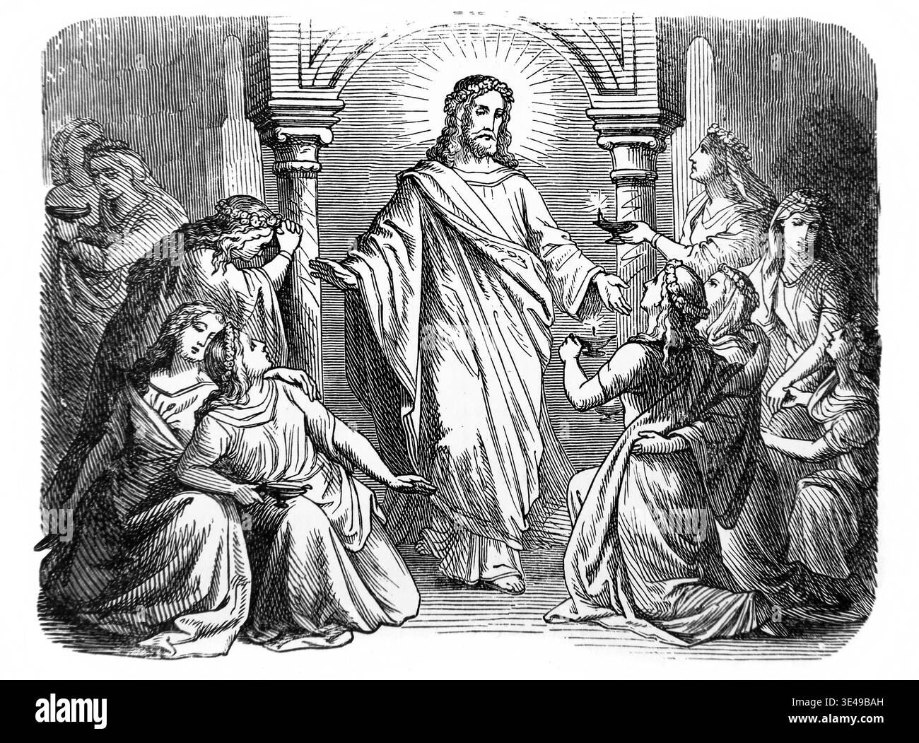 Incisione di Gesù Cristo che raccontava la parabola delle dieci Vergini che uscivano per incontrare lo sposo 5 erano saggi 5 erano sciocchi, i saggi prendevano la loro l Foto Stock