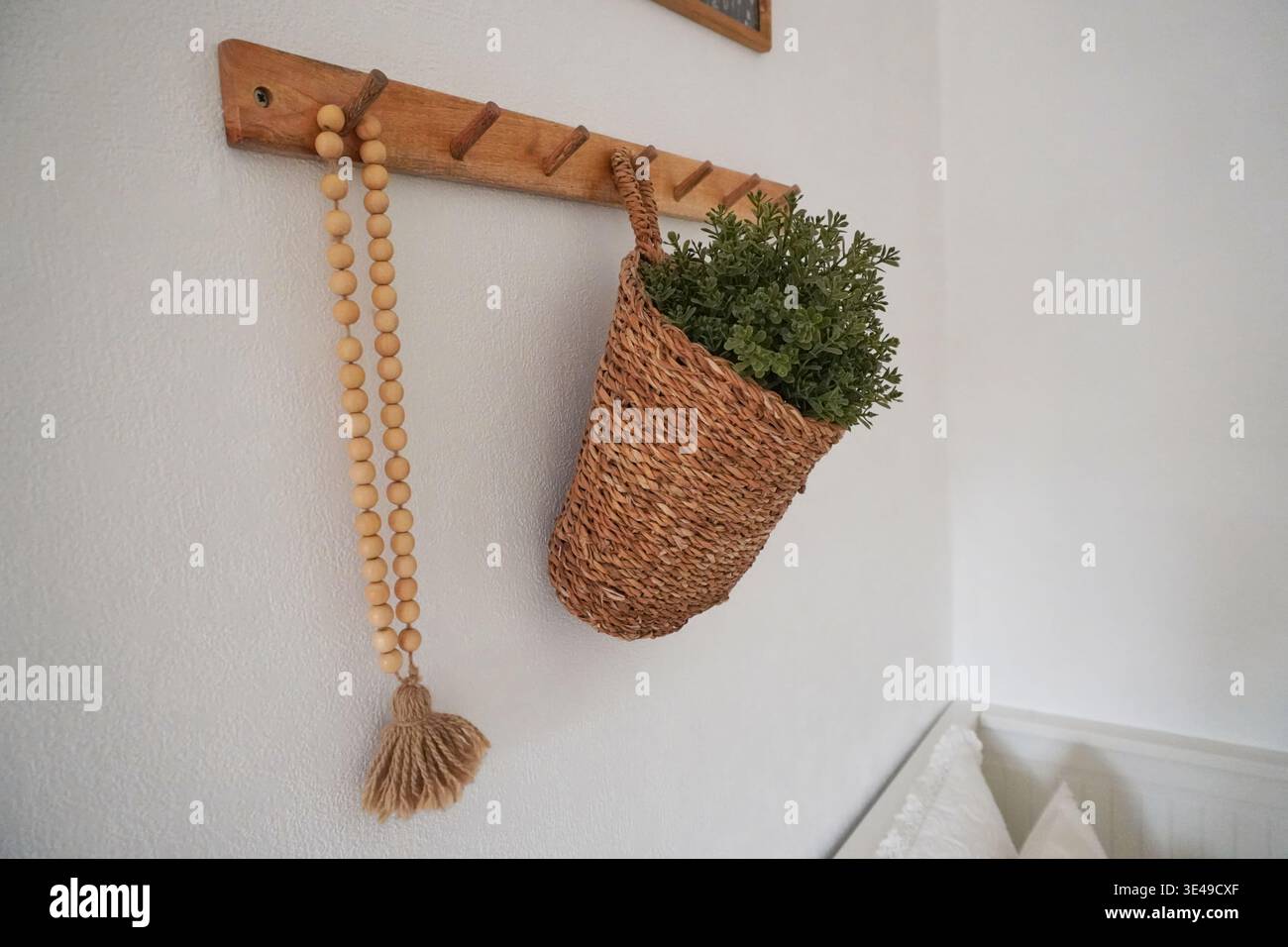Ganci a parete splendidamente lavorati con cesto in tessuto e vegetazione per un arredamento accogliente Foto Stock
