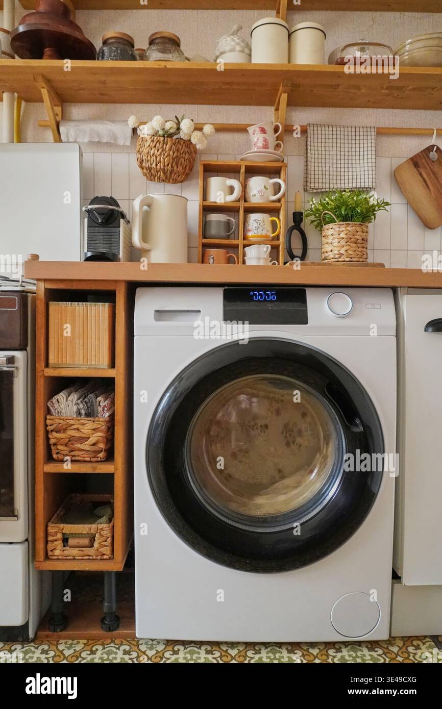 Moderna lavanderia dal design moderno con elegante lavatrice e pratiche soluzioni di stoccaggio Foto Stock