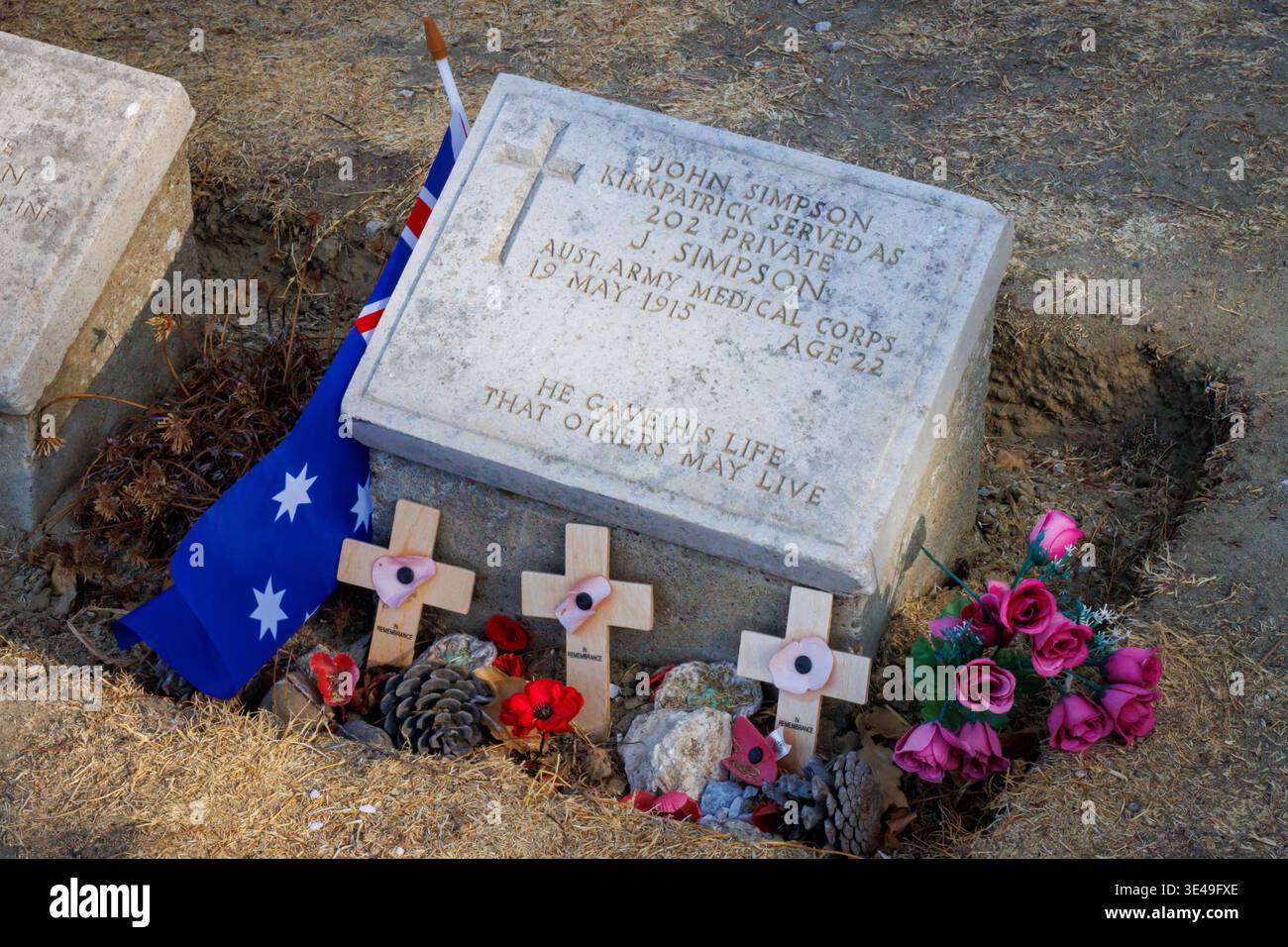 Tomba di John Simpson Kirkpatrick Gallipoli portatrice di barella ANZAC Foto Stock
