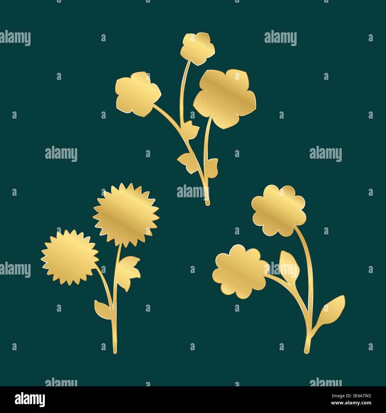 Tre esclusive illustrazioni floreali dorate sono caratterizzate da eleganti steli e foglie. Ogni design risplende con una finitura dorata metallizzata su uno sfondo color verde acqua. Illustrazione Vettoriale