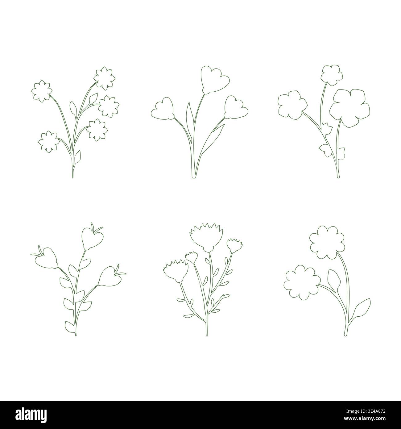 Sei fiori d'arte dalla linea semplice unici sono mostrati in uno stile pulito e minimalista. Ogni disegno floreale presenta delicati contorni di fiori e steli, disposti elegantemente su un semplice sfondo bianco. Illustrazione Vettoriale