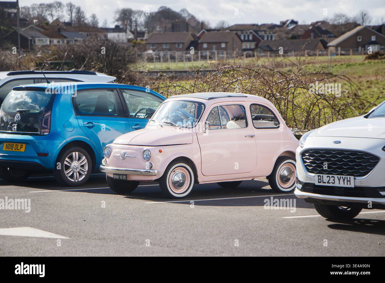 Una Fiat 500 rosa vintageclassica degli anni '1960 parcheggiata in molto vicino alle moderne auto blu e bianche con case residenziali sullo sfondo Foto Stock