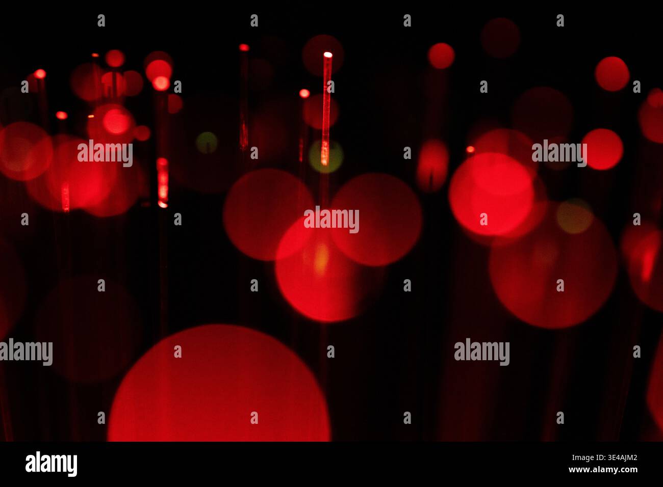 Le luci rosse si illuminano delicatamente contro il vuoto scuro. Le forme bokeh circolari fluttuano delicatamente nello spazio oscuro. Le tonalità vibranti emettono energia silenziosa e astratta. Surreale ambi Foto Stock