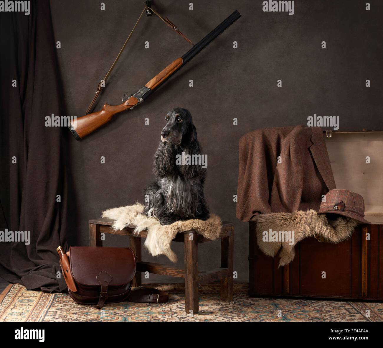 Un cocker spaniel nero circondato da un arredamento ispirato alla caccia, che include pistole e oggetti vintage. I toni caldi e la configurazione rustica esaltano il classico Foto Stock