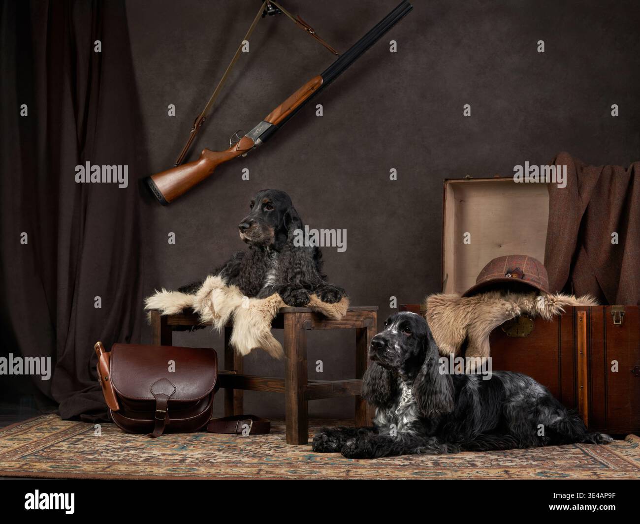 Due cocker spaniel neri si posero graziosamente con decorazioni a tema caccia, con pistole e dettagli in pelliccia. I toni terrosi creano un caldo e nostalgico Foto Stock