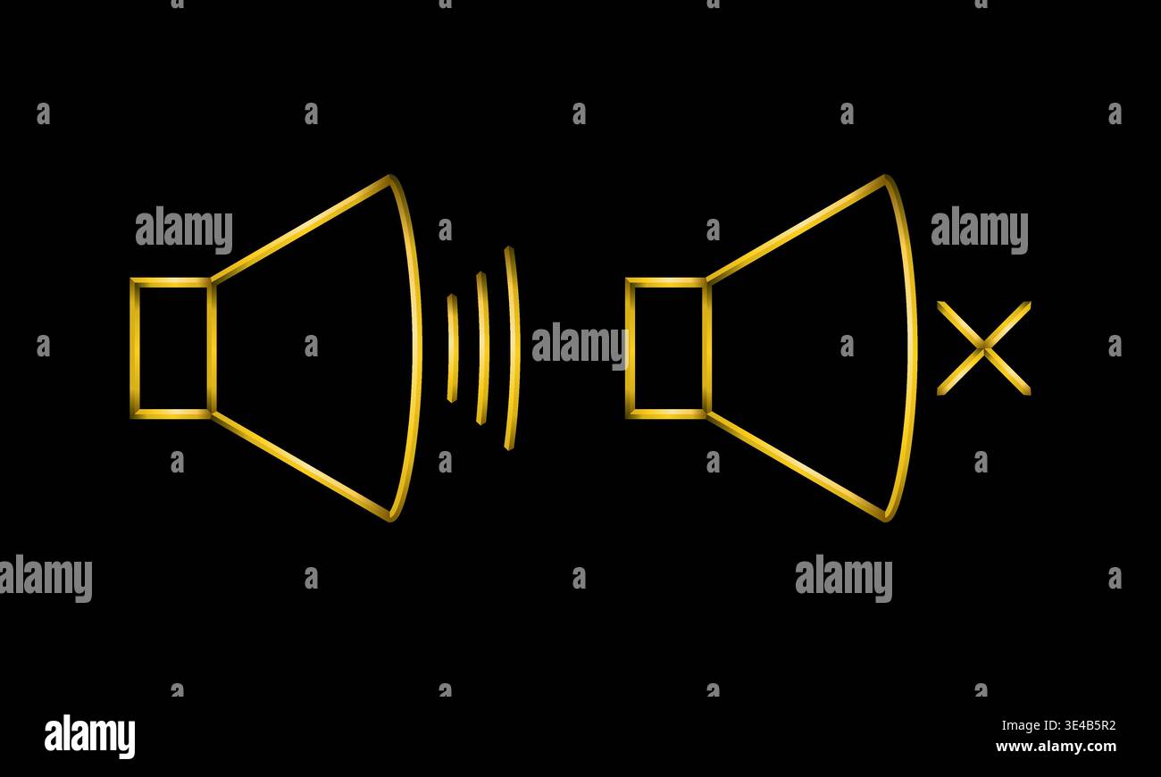 Visiera color oro metallizzato, sfondo nero. Audio, musica, attivazione e disattivazione del volume, esclusione microfono, pittogrammi musicali. Illustrazione Vettoriale