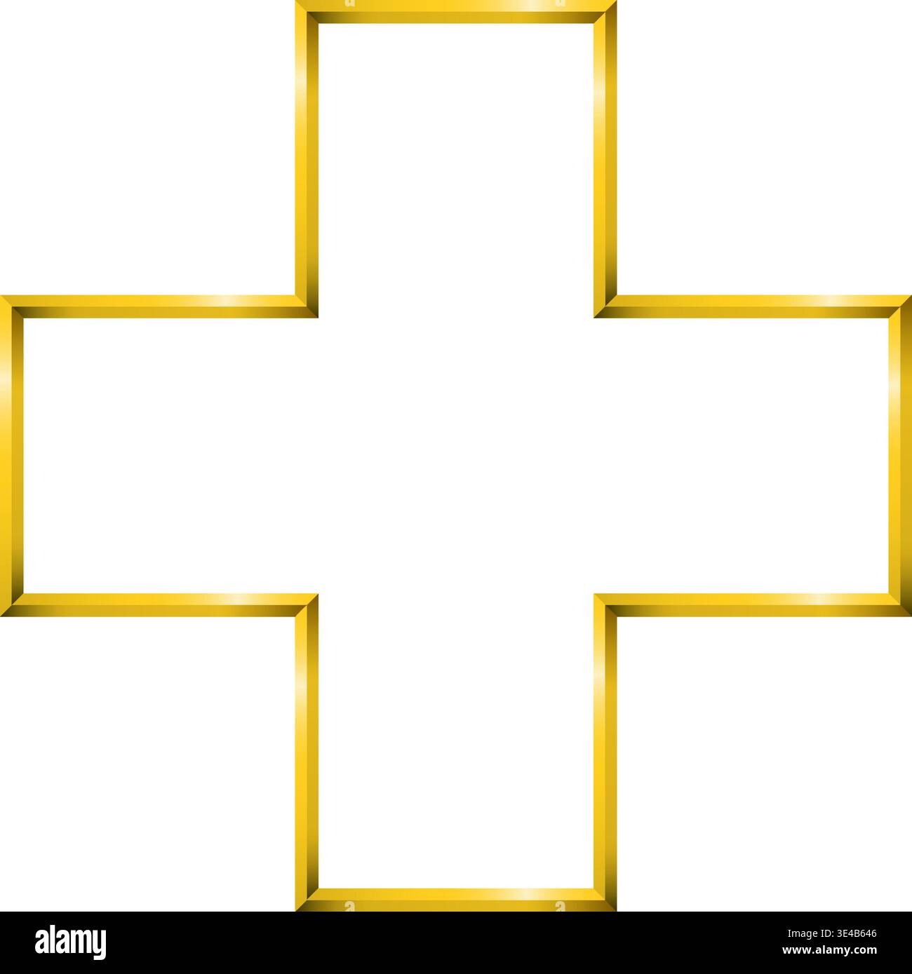 Simbolo Gold più. Aggiungere, croce, salute, ospedale, forma farmacia. Effetto metallizzato dorato. Illustrazione Vettoriale