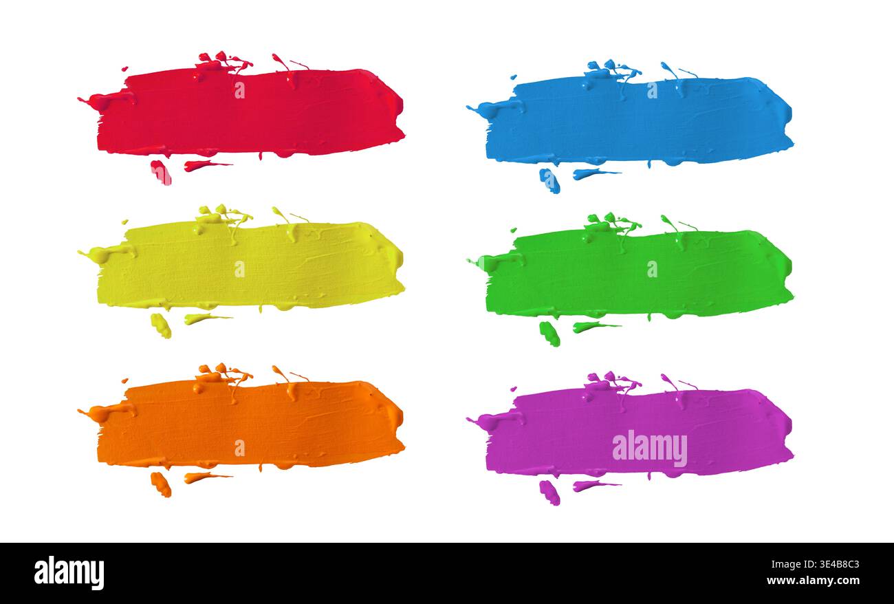 Collezione di pennellate colorate in rosso blu giallo verde arancione e viola isolate su bianco Foto Stock