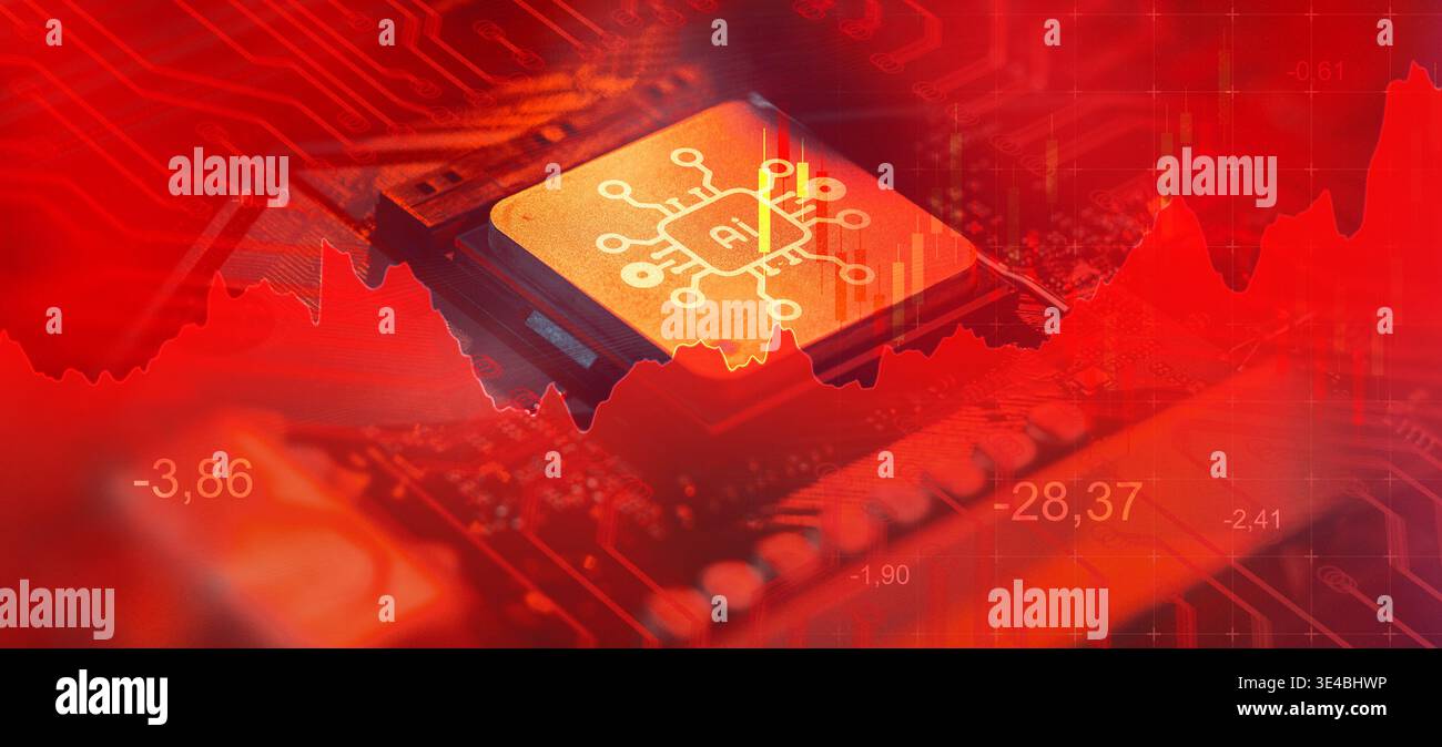 Concentratevi sulla tecnologia di intelligenza artificiale nell'analisi dei dati con grafici rossi e dettagli della scheda a circuito stampato Foto Stock