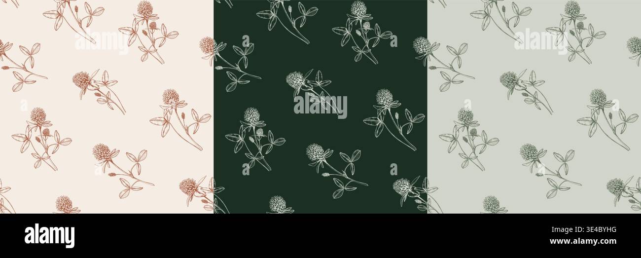 Set di tre motivi senza cuciture trifoglio con illustrazioni botaniche disegnate a mano. Fiori selvatici d'epoca e shamrock in varie tavolozze di colori, tra cui Illustrazione Vettoriale