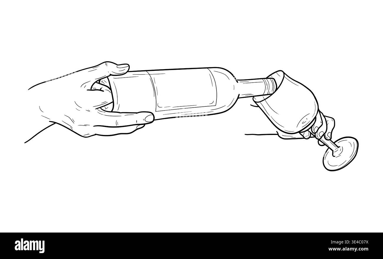 Mani che versano il vino da una bottiglia in un bicchiere, disegnato a mano. Illustrazione vettoriale. Mani di un cameriere o barista, un flauto da champagne, il disegno Illustrazione Vettoriale