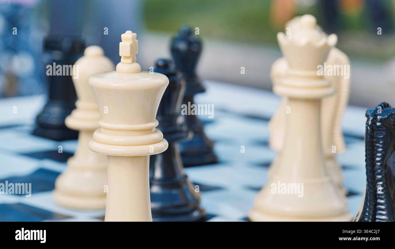 Primo piano di una scacchiera bianca su una scacchiera con una profondità di campo bassa, che simboleggia strategia e leadership. Foto Stock