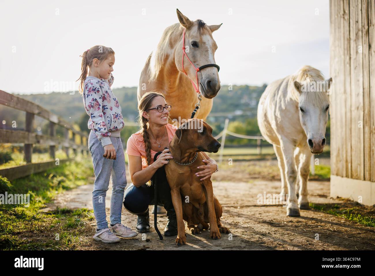 Ritratto di donna e sua figlia con cane e cavalli nel ranch di famiglia al tramonto. Stile di vita rurale con animali domestici e animali Foto Stock