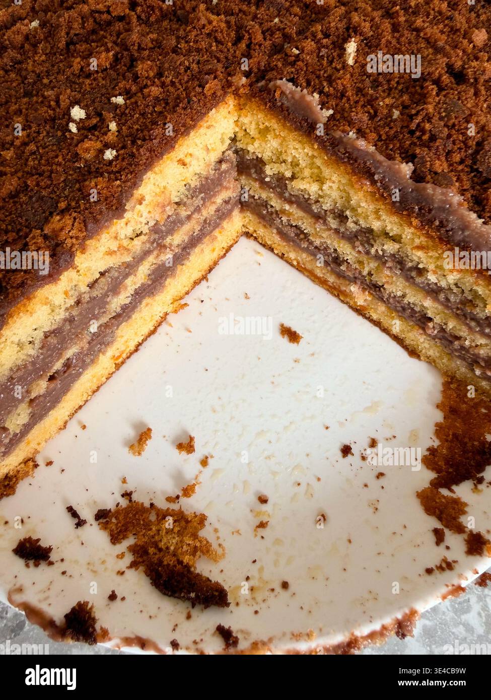 Primo piano di una torta di spugne senza glutine e senza lattosio multistrato con ripieno di crema di cioccolato con una fetta rimossa per mostrare l'interno. - Immagine stock catturata con smartphone