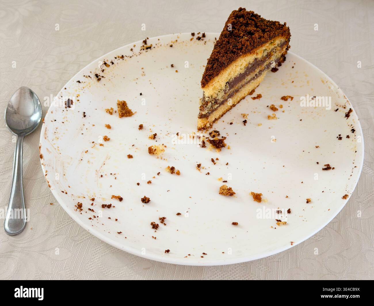 L'ultimo pezzo di pan di Spagna senza glutine e senza lattosio a più strati che rimane su un piatto bianco ricoperto di briciole accanto a un cucchiaino. - Immagine stock catturata con smartphone