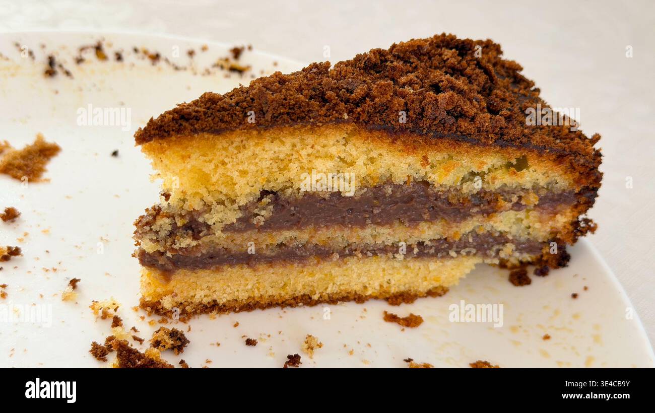 Primo piano di un ultimo pezzo di pan di Spagna senza glutine e senza lattosio multistrato con crema di cioccolato su un piatto bianco - Immagine stock catturata con smartphone